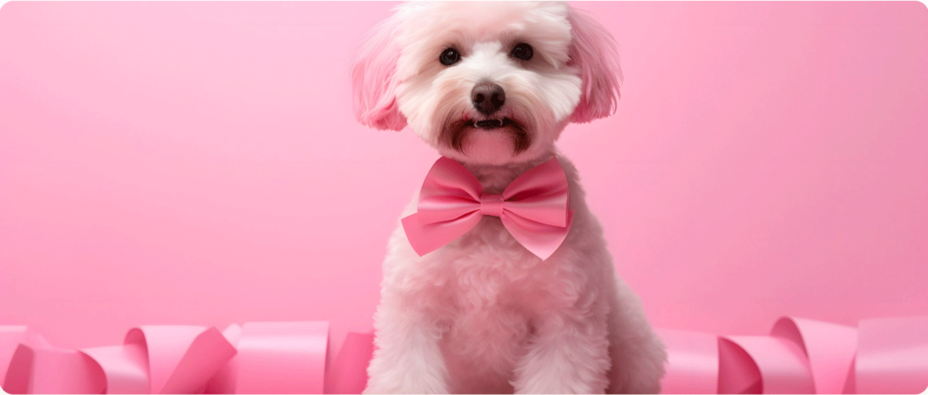A white dog wearing a pink bow on a pink background is the perfect companion for pet owners, as it exudes cuteness and charm. Whether you are a proud pet parent or a veterinarian seeking to