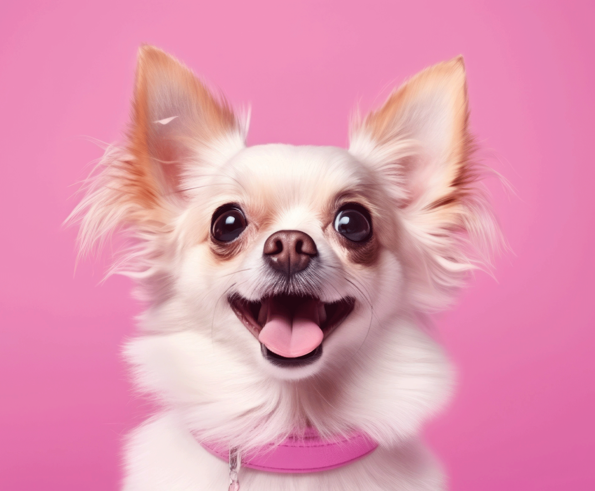 A white chihuahua dog with a pink collar on a pink background at the vet.