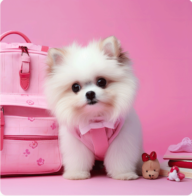 A small white dog next to a pink backpack at the vet.