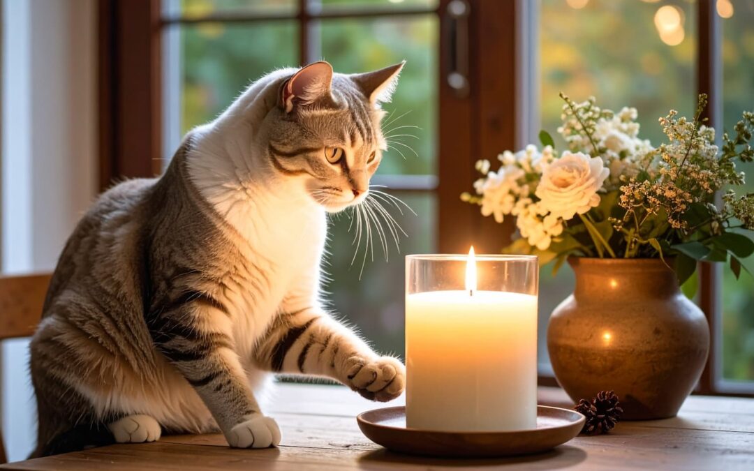 A tabby cat sits on a wooden table, curiously watching a lit candle next to a vase of white flowers with sunlight coming through the window.