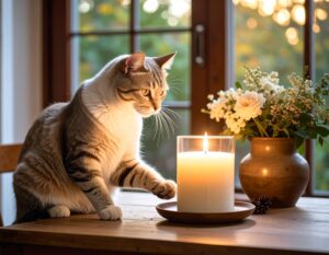 A tabby cat sits on a wooden table, curiously watching a lit candle next to a vase of white flowers with sunlight coming through the window.